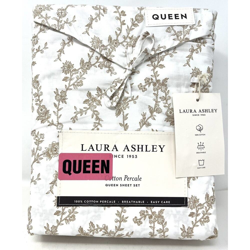Laura Ashely Beige Tan White Floral Queen Sheet Set Cotton Percale NWT Victoria